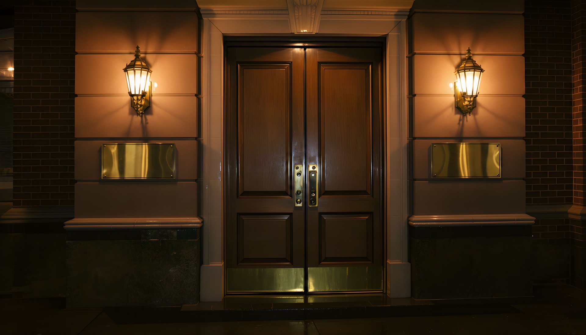 The same headquarters door at night, closed, lit by two brass lanterns.